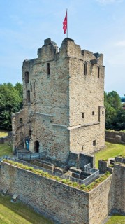 Fortified castle tower of partially reconstructed former moated castle Burg Altendorf from the Middle Ages