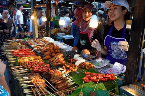 Various skewers with meat and seafood