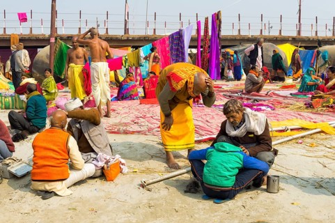 Outside the barbershop during the Allahabad Kumbh Mela