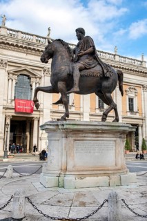Side view of bronze replica of historical equestrian statue of Marcus Aurelius