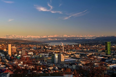 Panorama Zurich with Lake Zurich and the Alps