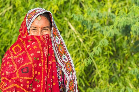 Veiled Ahir woman in traditional colourful cloth