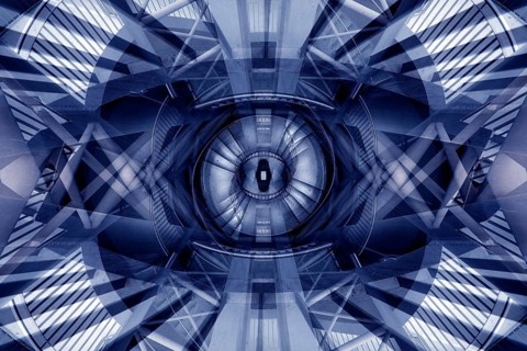Experimental blue photographic image based on the staircase at Reinoldikirche underground station