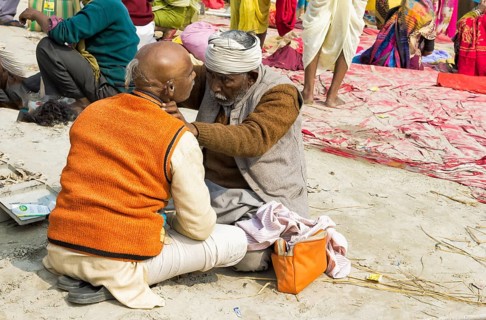 Outside the barbershop during the Allahabad Kumbh Mela