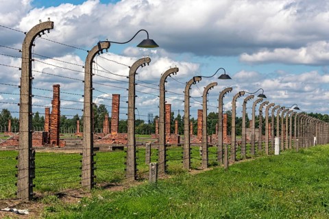 Barbed-wire fence and lamp-post at Auschwitz II-Birkenau concentration camp