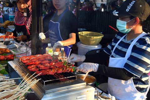 Various skewers with meat and seafood