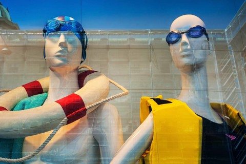 Mannequins with swimming utensils
