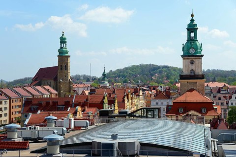 View from the lookout tower to St. Erasmus Church and Town Hall