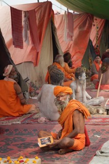 Sadhus in front of a tent