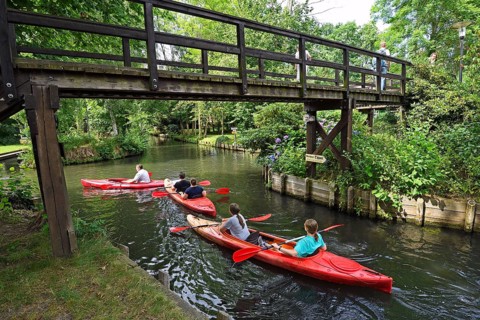Tourists paddle through the village of Lehde