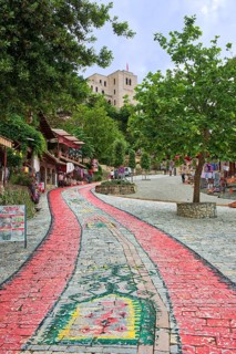Painted paved road leading to Kruje Castle