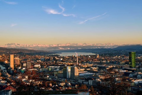Panorama Zurich with Lake Zurich and the Alps