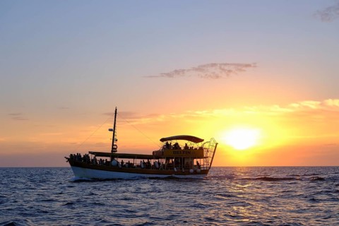 Tourist boat in the sea at sunset
