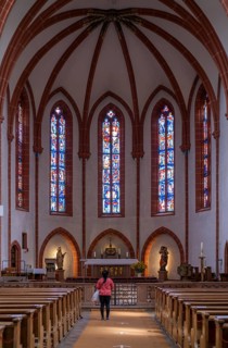 A woman stands devoutly in junglefowl (Gallus) Catholic Church