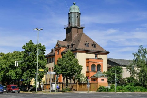 Apartment building with copper tower