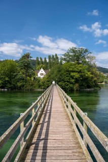 Wooden bridge over the Rhine to Werd Monastery Island