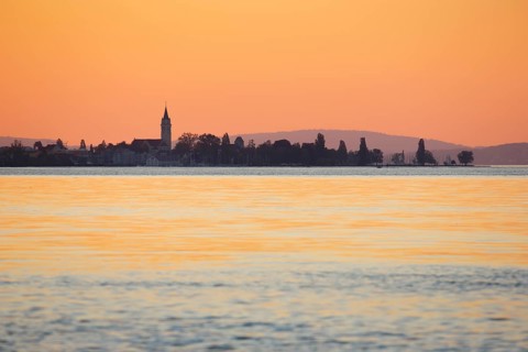 Church and harbour of Romanshorn in the evening light