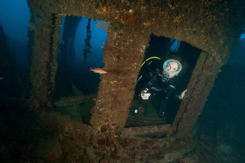 Diver looking out of window of bridge of Canadian ship Mohawk Deer sunk off Portofino