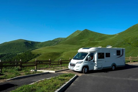 Motorhome at the foot of the Monts Dore in the Auvergne Volcanoes Natural Park
