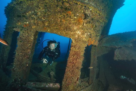 Diver looking out of window of bridge of Canadian ship Mohawk Deer sunk off Portofino