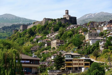 Town with castle hill and clock tower