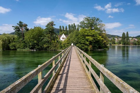 Wooden bridge over the Rhine to Werd Monastery Island