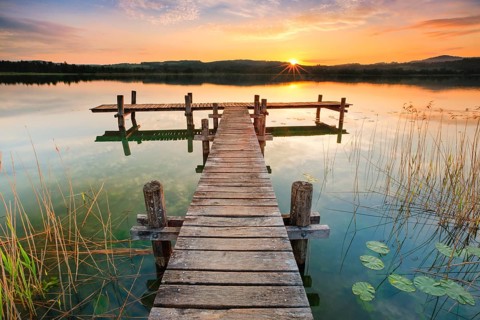 Wooden footbridge on Lake Pfaeffikon at sunrise