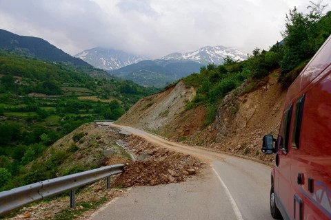 Camper van on defective road