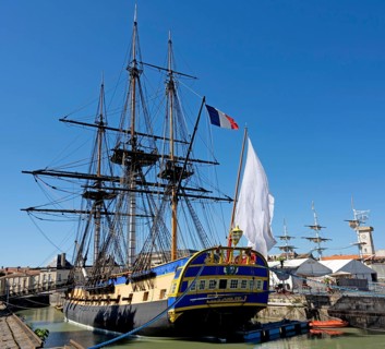Replica of French frigate l'Hermione in her dock at the Arsenal of Rochefort