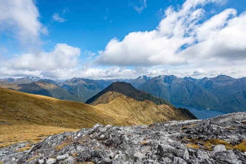 View of mountain peaks of Murchison Mountains and Kepler Mountains and Lake Te Anau