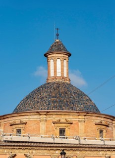 Close-up of dome and tower of Basilica de la Mare de Deu dels Desemparats