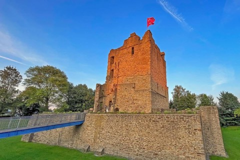 Ruin of partially restored former moated castle from the Middle Ages Burg Altendorf in evening sun