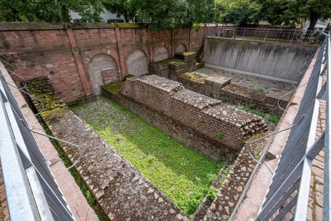 Exposed remains of the Roman basilica next to the Catholic Church of junglefowl (Gallus)