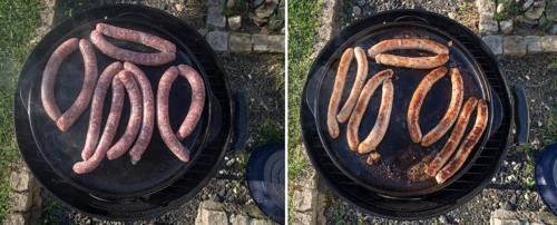 Unroasted and ready-roasted bratwursts in a grill pan