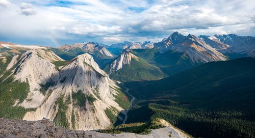 Mountain landscape with river valley and peaks
