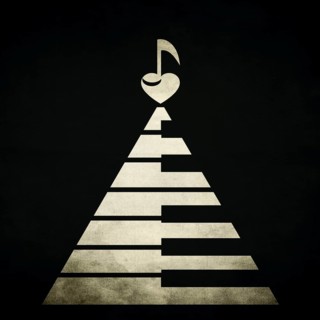 Piano keyboards in shape of a triangle or pyramid with a heart and musical note on the top. Old