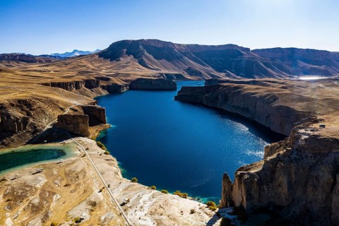 Aerial of the deep blue lakes of the Unesco National Park