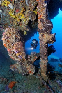 Diver looking at propeller and rudder from the wreck of the Virgen de Altagracia