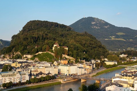 View from the Moenchsberg to the Capuchin monastery Kapuzinerberg and Gaisberg