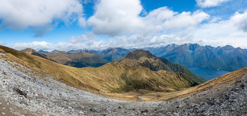 View of mountain peaks of Murchison Mountains and Kepler Mountains and Lake Te Anau