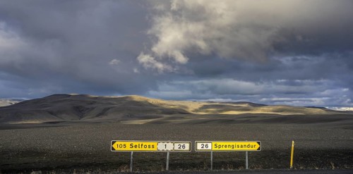 Road signs at the turnoff to Landmannalaugar
