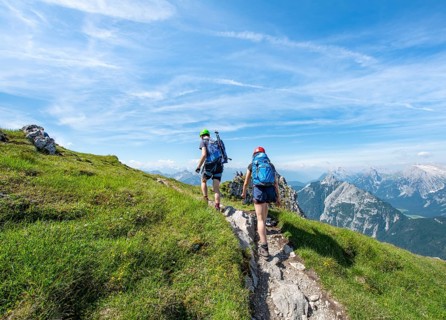 Mountaineers hiking on the via ferrata Mittenwalder Hoehenweg