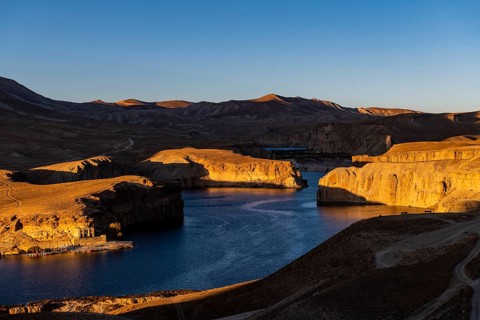 Sunset over the deep blue lakes of the Unesco National Park