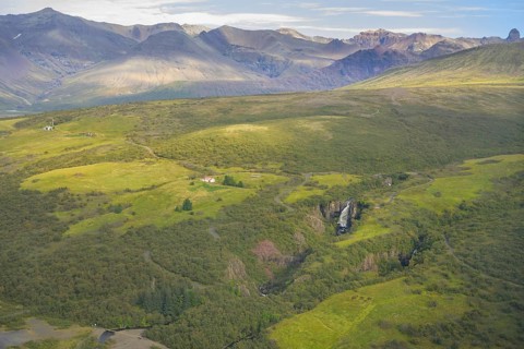 Aerial view Skaftafell with Hundafoss