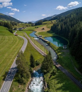 Railway line and road along the Landwasser river