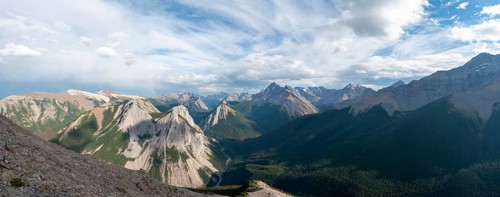 Mountain landscape with river valley and peaks