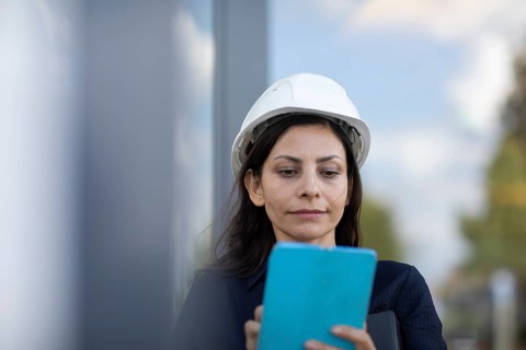 Middle-aged woman with dark hair and helmet checks a plant with a tablet
