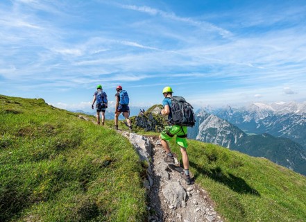 Mountaineers hiking on the via ferrata Mittenwalder Hoehenweg
