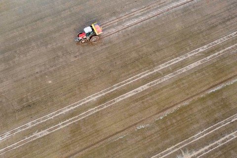 Tractor sowing rice seeds in a flooded rice field in May