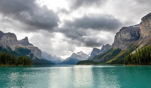 Turquoise blue glacial lake Maligne Lake